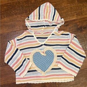 POL Striped Open-Knit V-Neck Sweater in Navy, Pink, Yellow, Cream